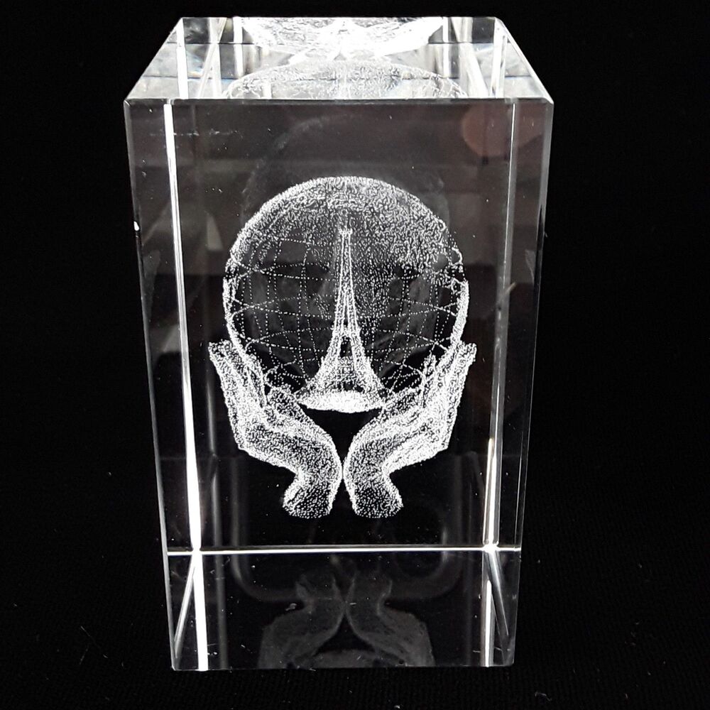 Eiffel Tower Crystal Paperweight, Earth World in Hands, Glass Cube 3D Laser Etch